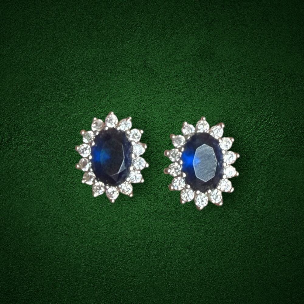 Sterling Silver Blue Sapphire Style Clear Stone Halo Stud Earrings